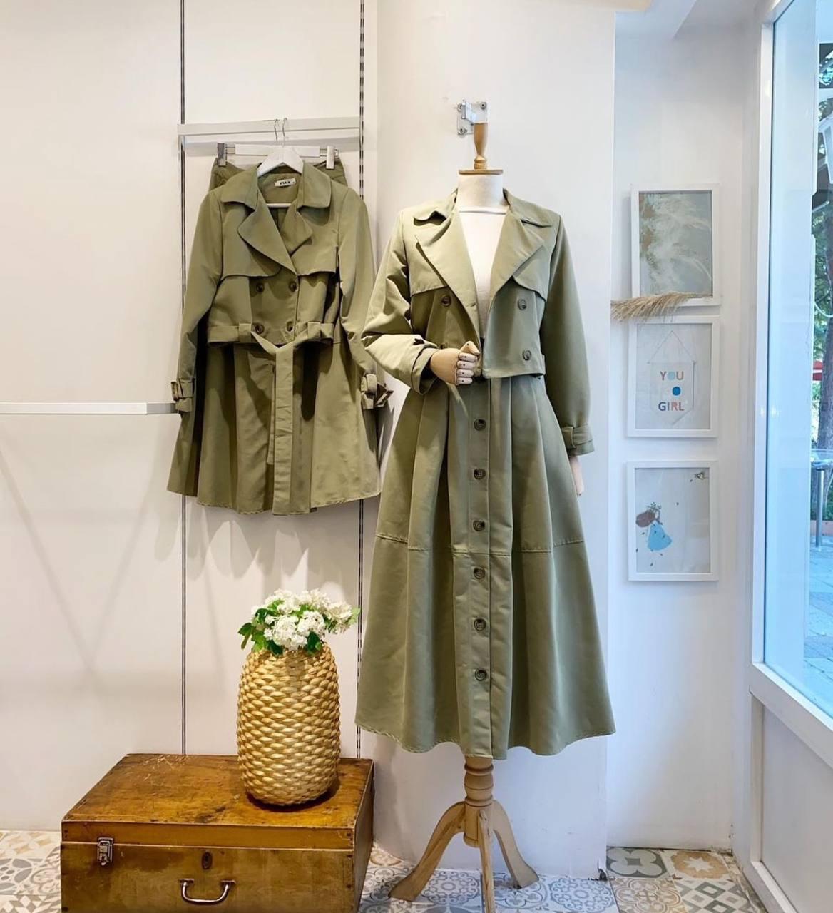 Ensemble vert olive - Style trench en deux pièces - Veste et jupe boutonnée