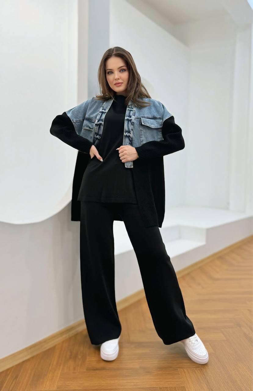 Ensemble 2 pièces pantalon noir et gilet noir avec touche en denim