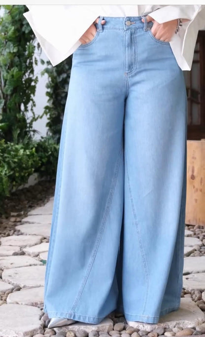 Pantalon jeans à jambes larges palazzo taille haute