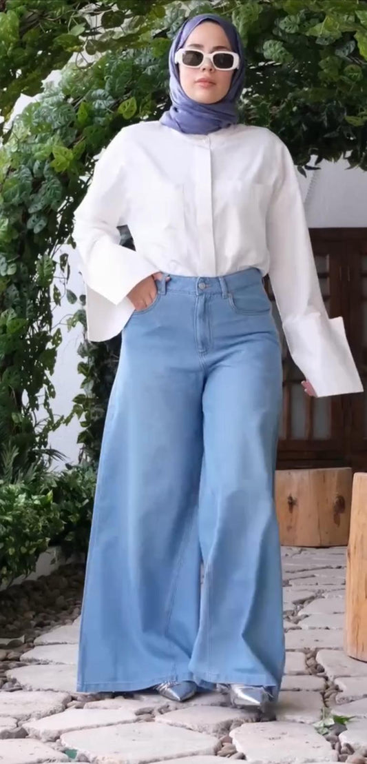 Pantalon jeans à jambes larges palazzo taille haute