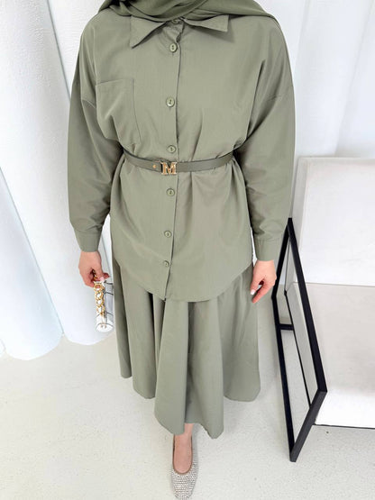 Ensemble vert Kaki Jupe et Chemise avec Ceinture