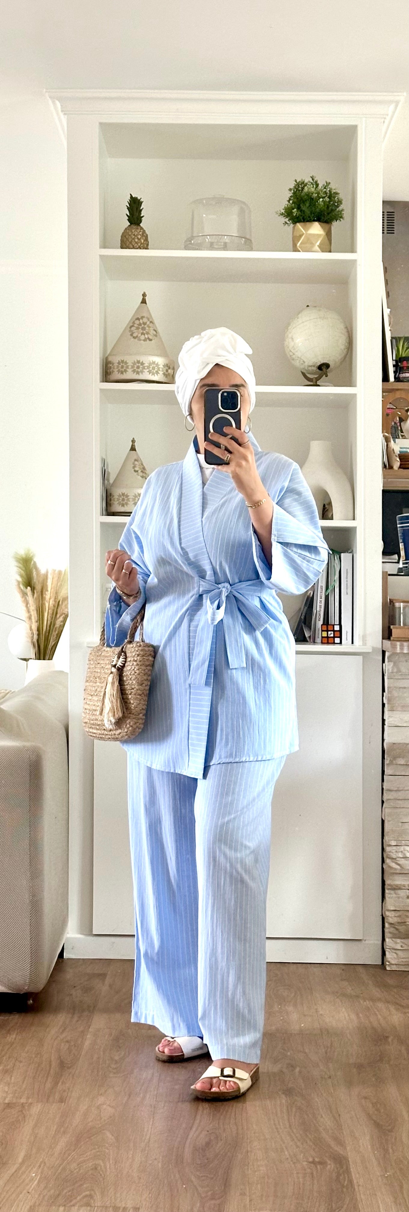 Ensemble Bleu Ciel à Rayures avec Chemise Kimono