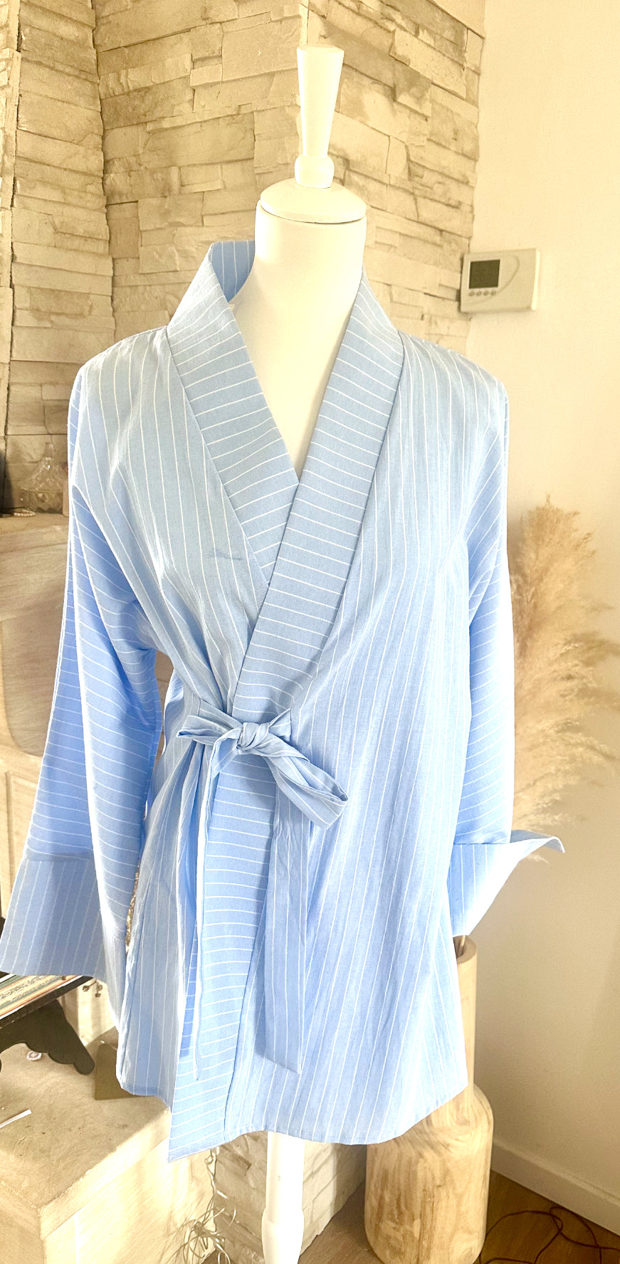 Ensemble Bleu Ciel à Rayures avec Chemise Kimono